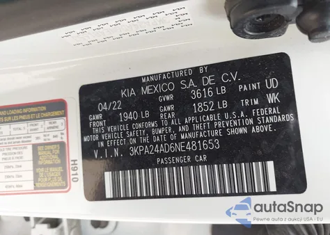 2022 Kia Rio S z USA, uszkodzony, nr VIN 3KPA24AD6NE481653